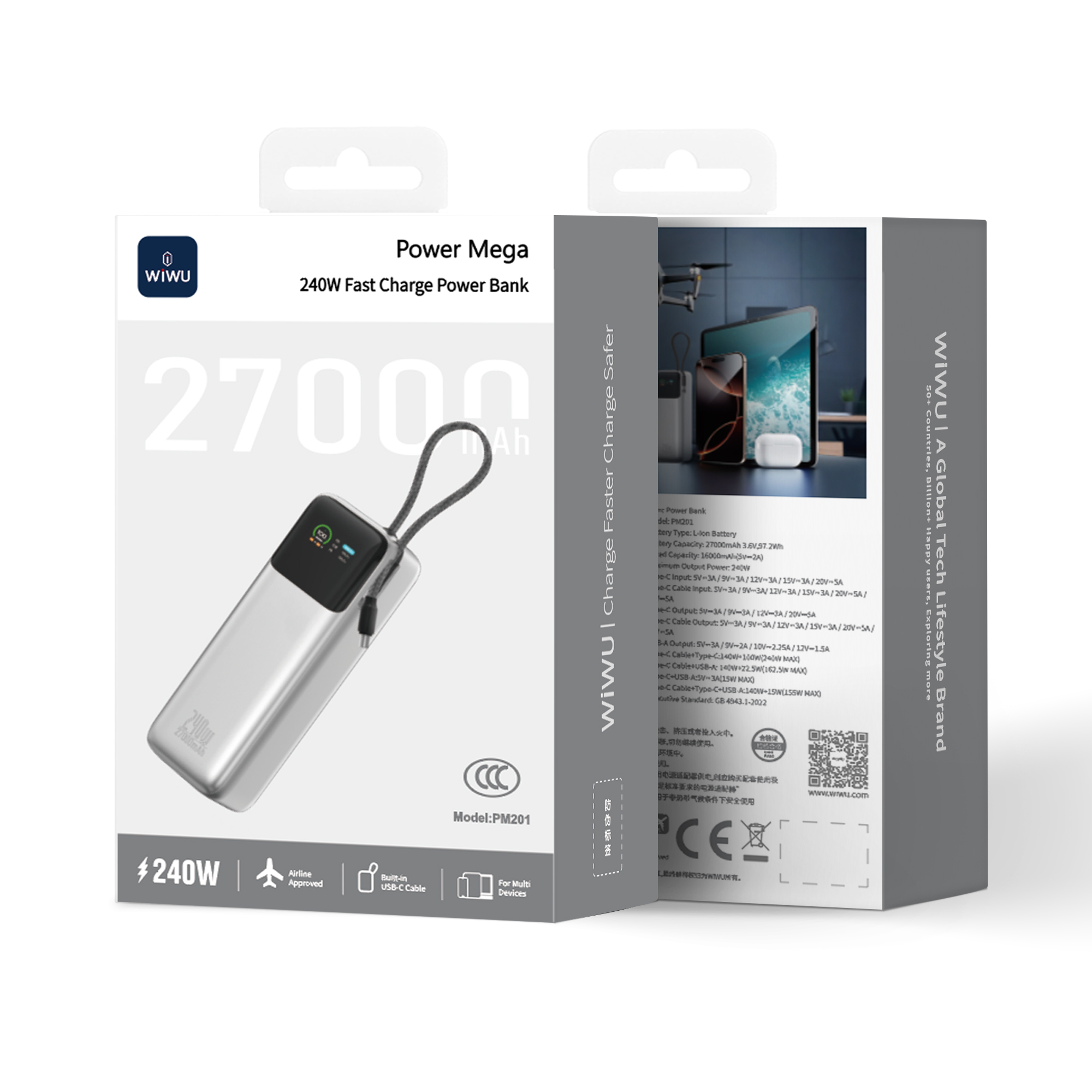 WiWU rychlá powerbanka pro notebooky Power Mega PM201 27000mAh 240W s displejem stříbrná
