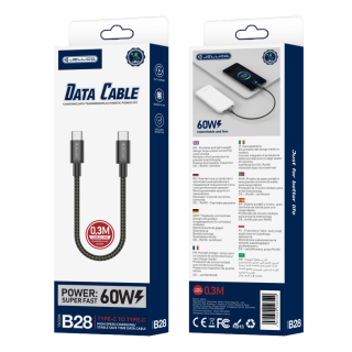 JELLICO B28 USB kabel USB-C / USB-C 60W PD černý - Kompaktní a odolný kabel pro rychlé nabíjení