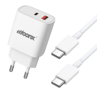 MOONX MC07 síťová nabíječka 1xUSB-C + 1xUSB QC3.0 + kabel USB-C - USB-C bílá PD 33W