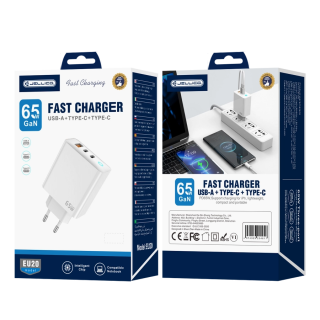 Jellico síťová nabíječka nabíječka EU20 GaN PD 65W 2xUSB-C + 1xUSB QC3.0 bílá