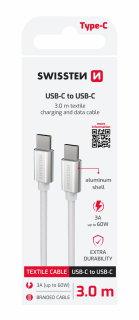 SWISSTEN datový kabel USB-C - USB-C 3m textilní oplet stříbrný