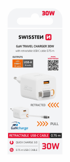 SWISSTEN Síťová nabíječka SlideCharge GaN 30W + USB-A 18W s výsuvným USB-C kabelem 0,75 m bílá