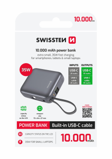SWISSTEN Powerbanka Space 10000 mAh 35W s integrovaným USB-C kabelem stříbrná