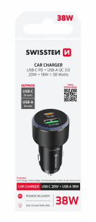 SWISSTEN Autonabíječka USB-C Power Delivery + USB-A Quick Charge 38W černá