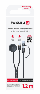SWISSTEN Magnetický nabíjecí kabel - nabíječka 2v1 pro Samsung Galaxy Watch a USB-C - USB-C (USB-A) 1,2m černá