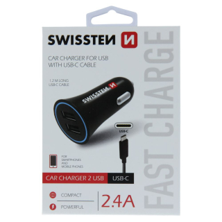 Swissten autonabíječka 2,4A power 2x USB + kabel USB-C