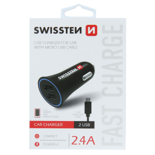 Swissten autonabíječka 2,4A napájení 2x USB + Micro USB kabel
