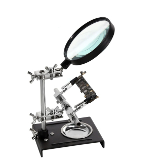 Stabilní montážní držák se zvětšující lupou 5x + nádobou na díly TE-809