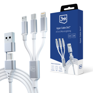 3MK Hyper kabel 3v1 USB-A / USB-C na MicroUSB / USB-C / Lightning 1,5 m bílý