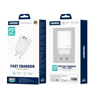 Jellico síťová nabíječka EU13 GaN PD 30W 1x USB-C + 1x USB QC3.0 bílá
