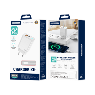 Jellico síťová nabíječka EU13 GaN PD 30W 1x USB-C + 1x USB QC3.0 + kabel USB-C / USB-C bílý set