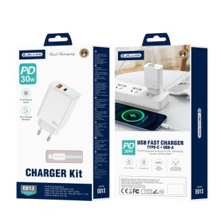 Jellico siťová nabíječka EU13 GaN PD 30W 1x USB-C + 1x USB QC3.0 + kabel USB-C / Lightning bílý set