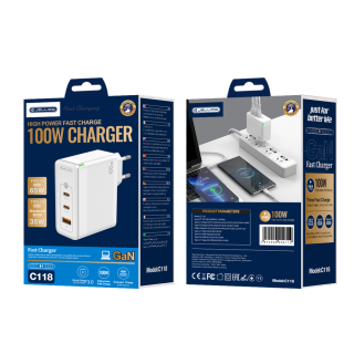 JELLICO síťová nabíječka C118 GaN PD 100W 2x USB-C + 1x USB QC3.0 bílá