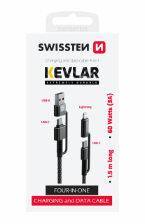 Swissten kevlarový kabel 4v1 USB + USB-C + Lightning 60W 3A 1,5m antracitový