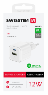 Swissten síťová nabíječka Adaptér USB + USB-C 12W bílá