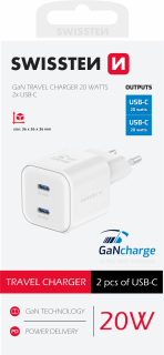 SWISSTEN GaN Síťová nabíječka 20w 2x USB-C kabel PD bílá