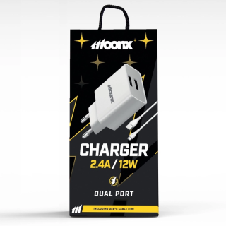 MOONX síťová nabíječka MC02 2.4A 12W 2xUSB + kabel USB-C bílá