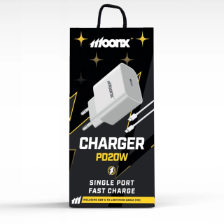 MOONX síťová nabíječka MC03 PD 20W 1xUSB-C + kabel USB-C – Lightning bílá