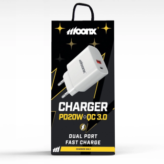 MOONX síťová nabíječka MC04 PD 20W 1xUSB-C + 1xUSB QC3.0 bílá všestranná a výkonná