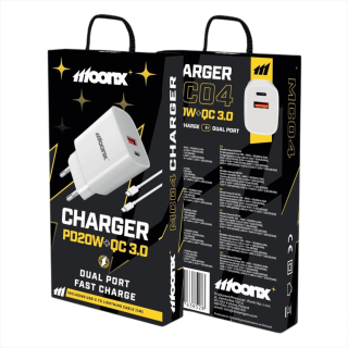 MOONX síťová nabíječka MC04 PD 20W 1xUSB-C + 1xUSB QC3.0 + kabel USB-C - Lightning bílá