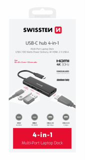 SWISSTEN HUB USB-C 4 w 1 USB-C 100W, HDMI 4K, 2x USB-A hlinííkový černý