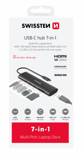 SWISSTEN Hub USB-C 7v1 USB-C 100W, HDMI 4K, 1x USB-A 3.0, 2x USB-A 2.0, SD, MicroSD aluminiový černý
