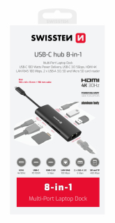 SWISSTEN Hub USB-C 8 v 1 USB-C 100W - HDMI 4K, LAN RJ45, 2x USB-A, 1x USB-C 5 GB/s, SD, MicroSD černý hliníkový