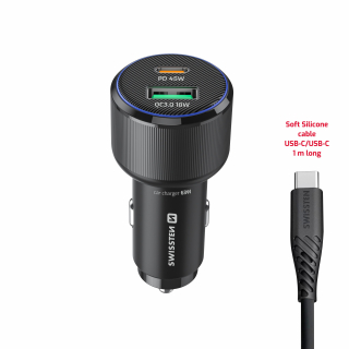 SWISSTEN Autonabíječka USB-A 18 W + USB-C PD 45 W + kabel USB-C 1 m
