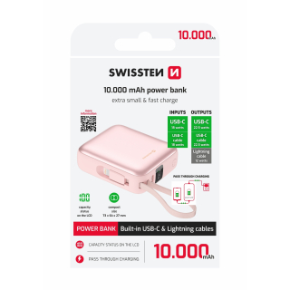 Swissten Powerbanka 10 000 mAh 22,5 W s vestavěným USB-C a lightning kabelem růžová