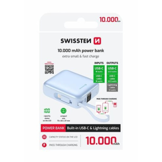 Swissten Powerbanka 10 000 mAh 22,5 W s vestavěným USB-C a lightning kabelem modrá