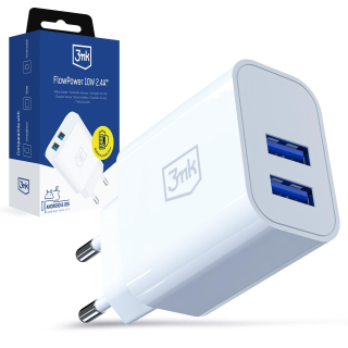 3mk FlowPower 10W 2.4A – síťová nabíječka 2× USB-A 10 W bílá