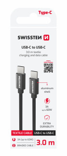 SWISSTEN datový kabel USB-C - USB-C 3m textilní oplet černý