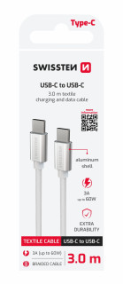 SWISSTEN datový kabel USB-C - USB-C 3m textilní oplet stříbrný