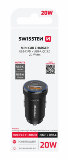 SWISSTEN Autonabíječka USB-C Power Delivery + USB-A Quick Charge 20W černá